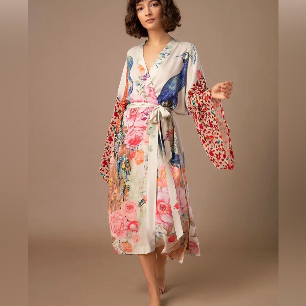 Kimono cardigan floral boho blouse swimsuit cover up belt tie peacock white - Picture 1 of 4